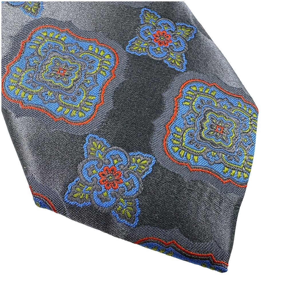 Santorelli Silk Tie Long Gray Green Blue Orange Medallion Made Italy 61 x 3